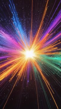 Vertical video: Opening white core emitting vivid rays through deep space, indicating energy surge