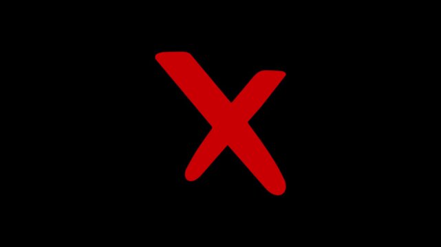 Red cross mark animation on black background, Error or cancel symbol animation, stop and not allowed sign chroma key background.