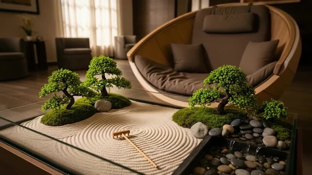 Miniature Japanese Zen garden on a coffee table with bonsai trees, raked sand, and a water feature, creating a tranquil space for meditation in a modern living room interior.

