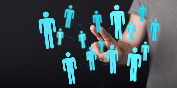 Concept of social network and global connections between people. Businessman touching icon of a network. - Powered by Adobe