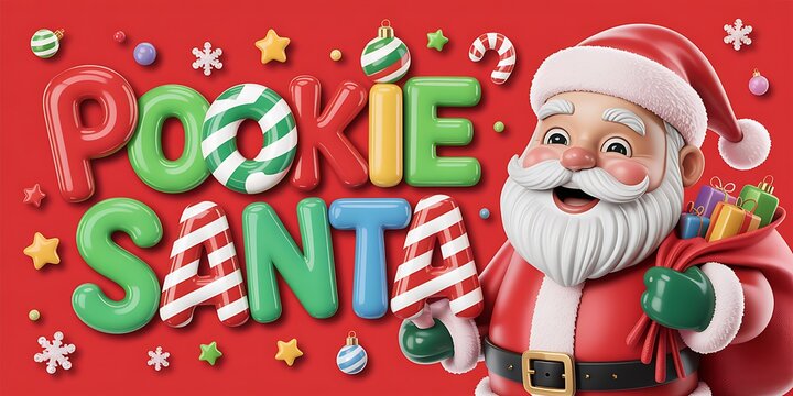 Happy 3D Cartoon Santa Claus with Gift Sack and Vibrant Candy Cane Lettering on a Bright Red Christmas Background.