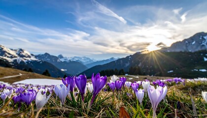 Spring crocus meadow in the Alps with snow-capped mountains.