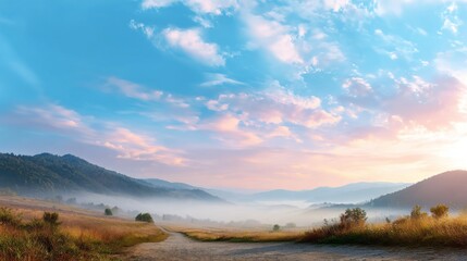 Obraz premium Mountain range view at sunrise with morning fog rolling through a valley under a cloudy blue and