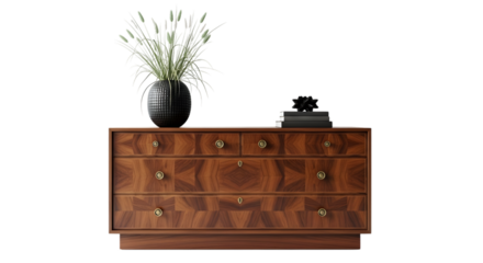 Antique wooden dresser with vase and books isolated on transparent background