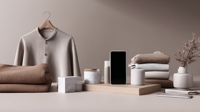 Neutral beauty and fashion scene with clothing and personal care items