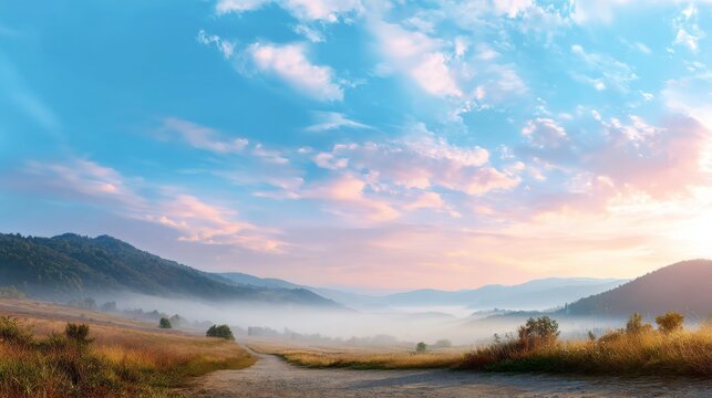 Mountain range view at sunrise with morning fog rolling through a valley under a cloudy blue and
