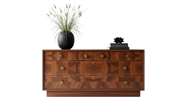 Antique wooden dresser with vase and books isolated on transparent background