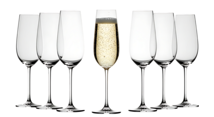 One flute of sparkling champagne stands out among a row of empty glasses on black background