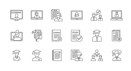 E-Learning Icon Collection: A comprehensive set of modern line icons designed to represent the concept of e-learning, distance education, online courses, and academic pursuits.