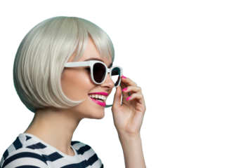 Young caucasian woman with a platinum blonde bob wig and white retro sunglasses, smiling broadly, holding frames, with pink nails against a turquoise background. Concept of cheerful modern style