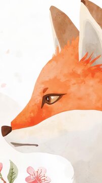 Vertical video: Opening showing watercolor fox head on white backdrop, pink blossoms, green leaves