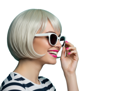 Young caucasian woman with a platinum blonde bob wig and white retro sunglasses, smiling broadly, holding frames, with pink nails against a turquoise background. Concept of cheerful modern style
