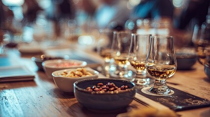 Tasting Session with Glasses of Spirits and Assorted Snack Bowls