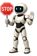 Robot standing still, holding a red stop sign, a warning gesture