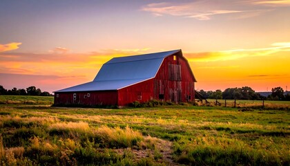 Picturesque Red Barn at Sunset in Rural Landscape.