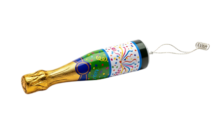 Festive champagne bottle decoration with gold foil and confetti pattern on black background