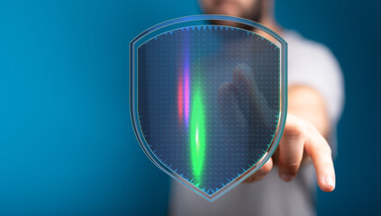 Abstract image representing data protection, cybersecurity and digital shield. Hand holding a...