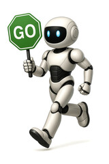 Robot walking forward, holding a green go sign with determination