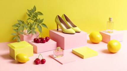 Feminine product display with heels, fruit and bottles
