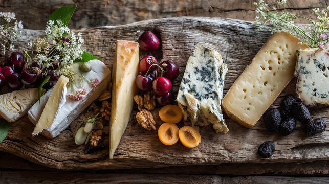 Rustic wooden board with assorted local cheeses and fresh fruits including grapes, cherries, and plums. Perfect for gourmet, food styling, or culinary projects.