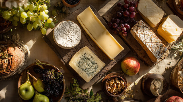 Top view of assorted cheeses with apples, grapes, nuts, and herbs on a rustic table. Perfect for culinary projects, recipe visuals, and food styling scenes.