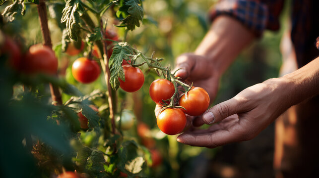 Hands harvesting ripe tomatoes from a garden vine in warm light. Ideal for agricultural, organic farming, and sustainability related imagery.