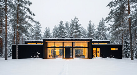Modern Black House with Large Windows in Snowy Forest.