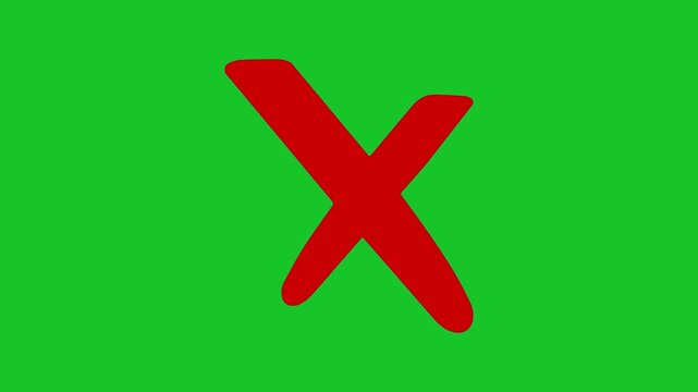 Red cross mark animation on green screen, Error or cancel symbol animation, stop and not allowed sign, wrong mark animation video loop.