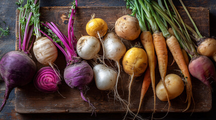 Assortment of colorful root vegetables including beets, carrots, and turnips on a rustic wooden cutting board. Ideal for organic farming or culinary projects.