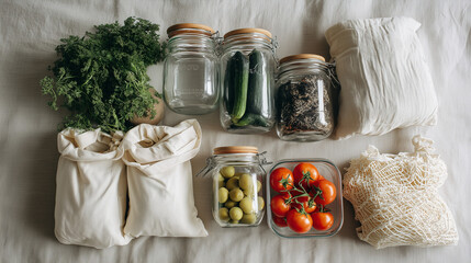 Zero waste grocery setup with reusable cloth bags, glass jars, and fresh vegetables including tomatoes and cucumbers. Ideal for eco lifestyle and sustainability visuals.