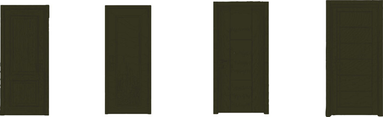 The image showcases four distinct dark brown doors, each featuring unique panel configurations that highlight their individual designs.