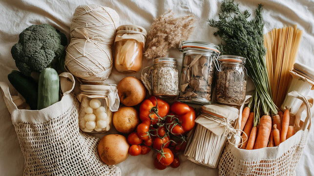 Eco-friendly grocery flat lay with reusable bags, glass jars, and vegetables like carrots, tomatoes, and broccoli. Perfect for sustainable food and zero waste themes.