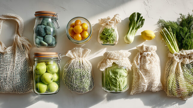 Zero waste grocery arrangement with reusable mesh bags, glass jars, and fresh vegetables in sunlight. Great for sustainability, eco lifestyle, and green living visuals.