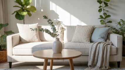 Fototapeta premium Cozy living room with a comfortable sofa, plants, and a coffee table in daylight