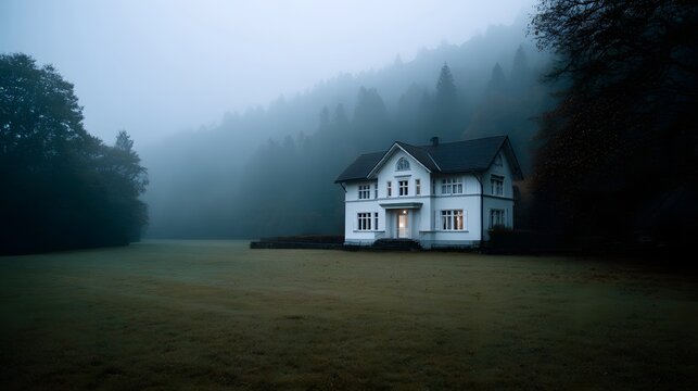 A serene white house is nestled in a misty foggy landscape surrounded by dark trees and hills at dusk - Powered by Adobe