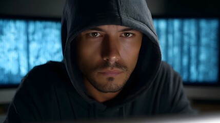 A man in a dark hoodie intensely gazes at multiple glowing computer screens displaying abstract digital patterns and binary code