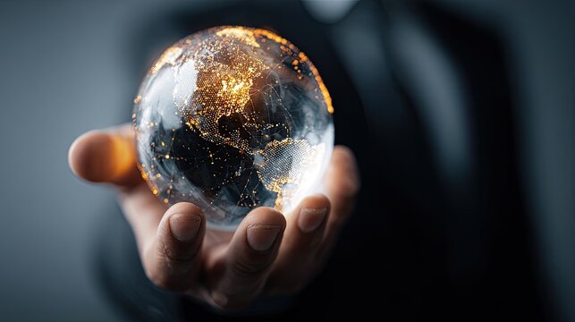 Businessman Holding Transparent Globe with Illuminated Cities
