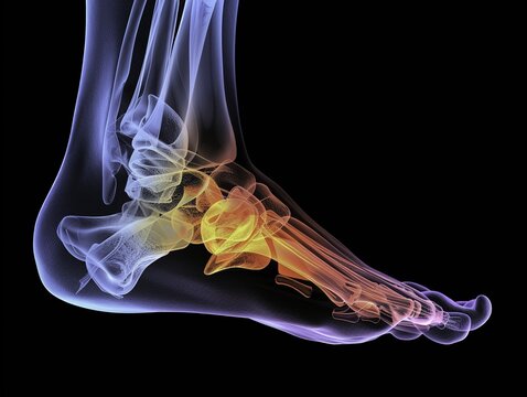 Colorized X-ray of human foot and ankle anatomy showing bone structure