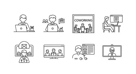 Fototapeta premium Coworking and Collaboration Icon Set: A comprehensive collection of minimalist black line icons, perfect for representing a collaborative and dynamic work environment.