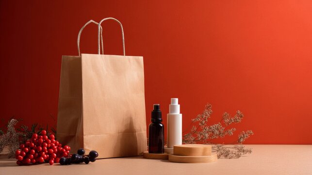 Paper Bag and Bottles on Orange Backdrop