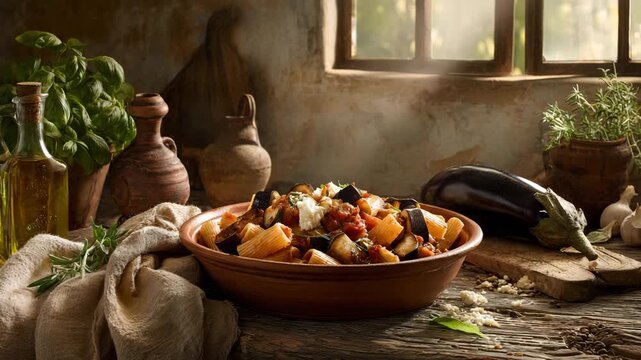 Rustic bowl of homemade Pasta alla Norma with eggplant, fresh basil, and ricotta cheese in a traditional, cozy Italian kitchen setting, bathed in warm, natural window light.

