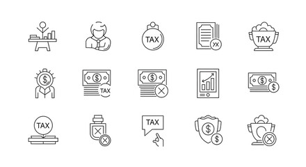 Fototapeta premium Financial Tax Icons: A collection of various tax-related icons. Illustrating financial concept like tax calculation, taxation, finance, and investment.