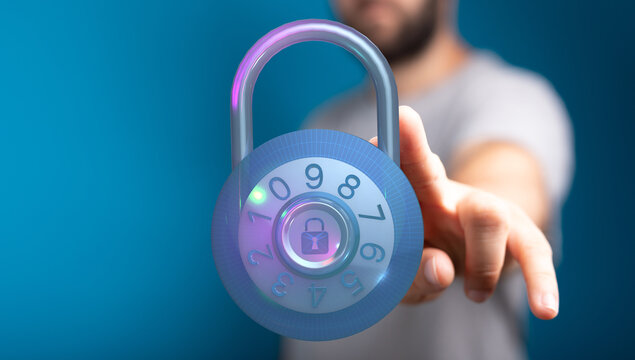 Abstract image representing digital security, protection and encryption. A futuristic padlock with glowing numbers, held by a person.