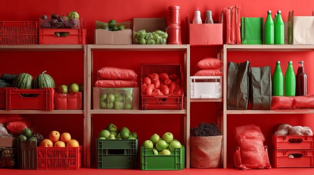 Red retail shelf with organized food and fashion