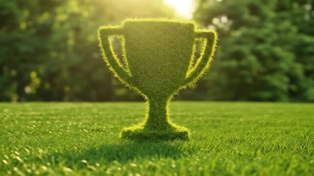 A trophy-shaped topiary of grass stands on a sunny lawn