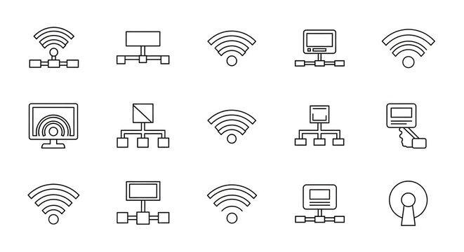 Connectivity Icons in Modern Lines: A collection of meticulously crafted modern line icons, each representing various aspects of network connectivity, communication, and technological integration.