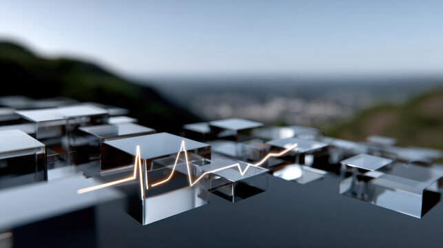 An artistic interpretation of a heartbeat waveform against reflective surfaces, symbolizing life and vitality through modern design and creativity in the abstract art form.