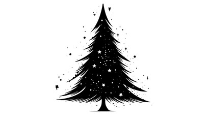 a black and white silhouette of a christmas tree with stars and splashesblack, christmas tree, fir tree, illustration, pine, snow, tree 
