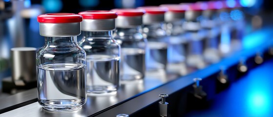 Clear Glass Vials on Conveyor Belt in Laboratory with Red Caps and Soft Lighting