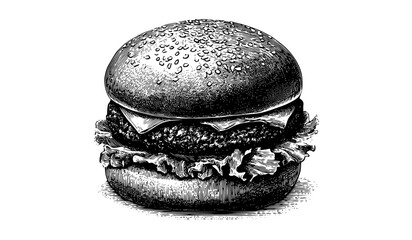 a vintage engraving of a hamburgercheeseburger, draw, drawing, food, hamburger, illustration, ink, lettuce, roll, sketch 